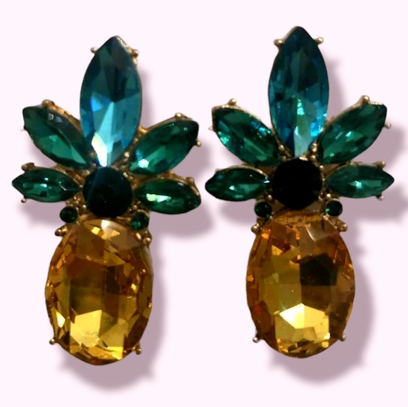 Jeweled pineapple stud earrings 🍍sparkly yellow cubic zirconia Party - Picture 2 of 5